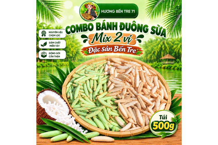 Combo Bánh Đuông Sữa Mix 2 vị truyền thống và Lá Dứa Bến Tre – Túi 500g