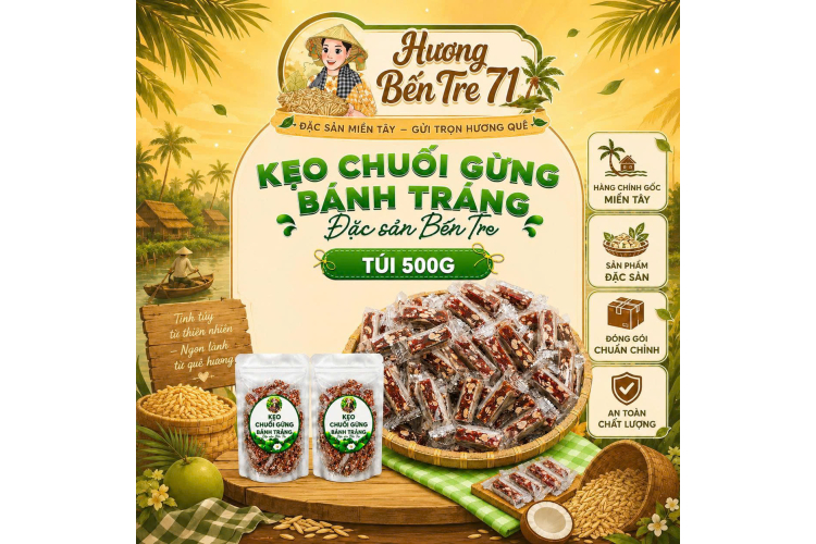 Túi 500g - Kẹo Chuối Gừng Bánh Tránh 2 Mặt