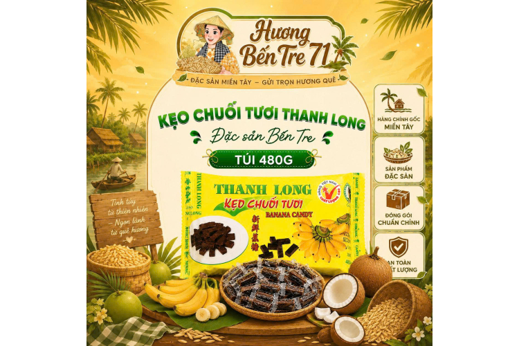 Hộp 480g - Kẹo Chuối Tươi Thanh Long - Không Gừng, Không Đậu Phộng
