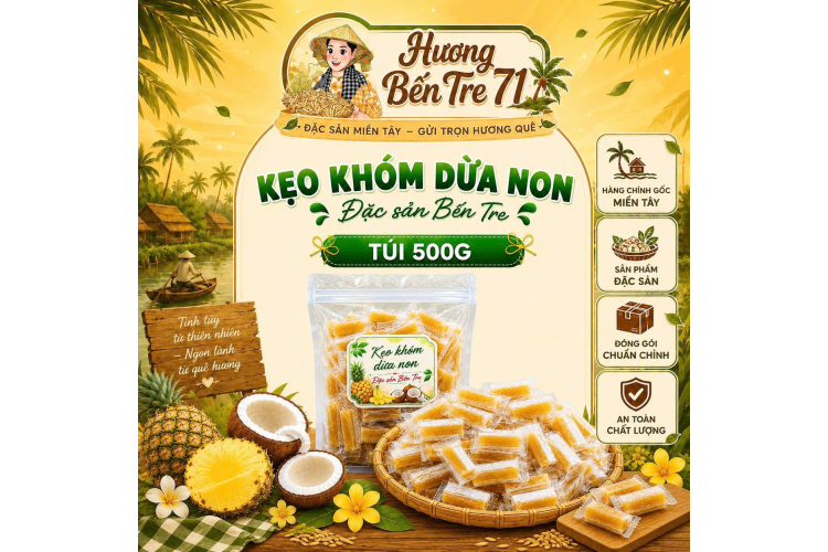 Kẹo Khóm Dừa Non Bánh Phồng Giấy – Túi 500g