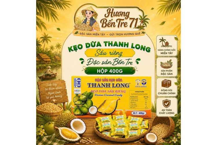 Hộp 400g - Kẹo Dừa Thanh Long - Vị Sầu Riêng