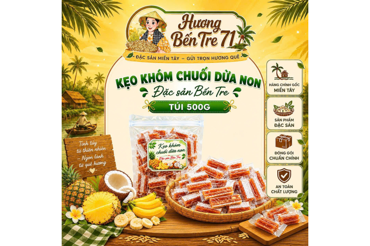 Túi 500g - Kẹo Khóm Chuối Dừa Non Bến Tre