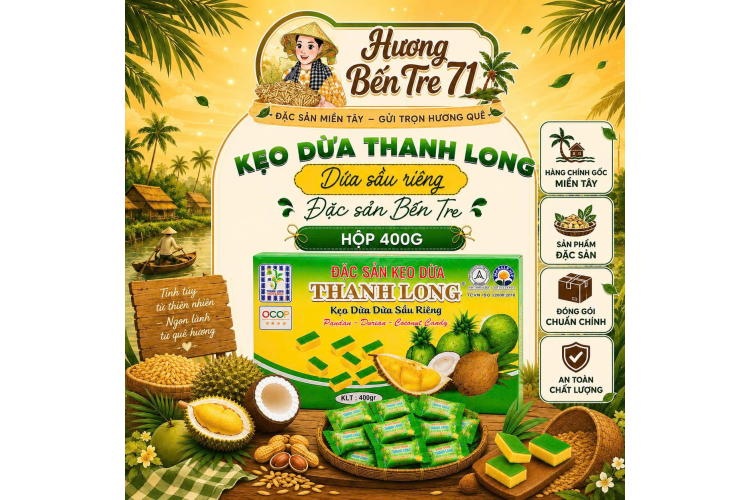 Kẹo Dừa Lá Dứa Sầu Riêng Thanh Long – Hộp 400g