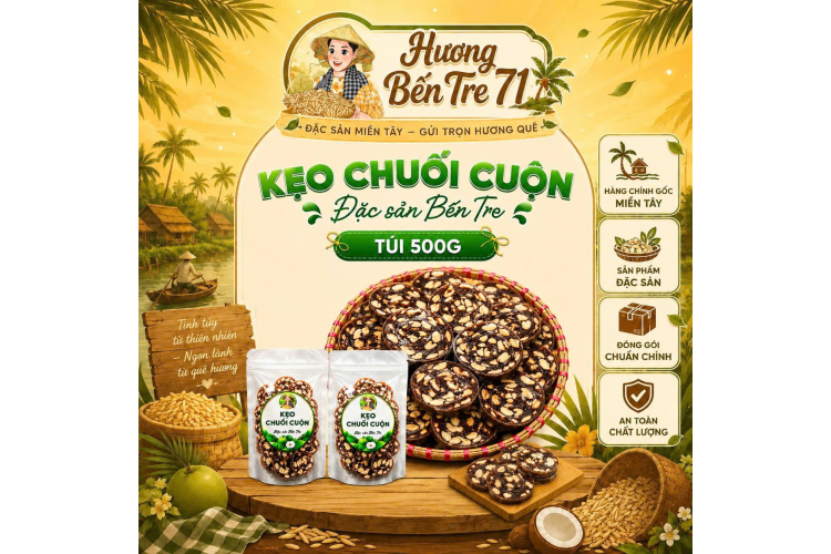 Kẹo Chuối Cuộn Đậu Phộng Bến Tre – Túi 500g