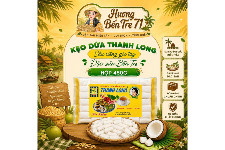 Kẹo Dừa Lá Dứa Sầu Riêng Thanh Long Gói Tay – Hộp 450g