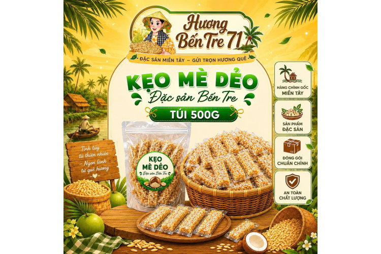 Kẹo Mè Dẻo Vàng – Kẹo Mè Xửng – Túi 500g
