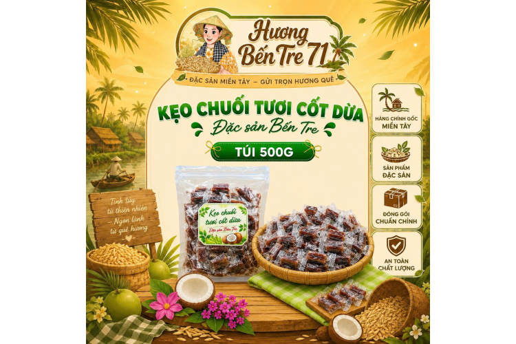 Kẹo Chuối Tươi Cốt Dừa Bến Tre Dạng Thanh – Túi 500g